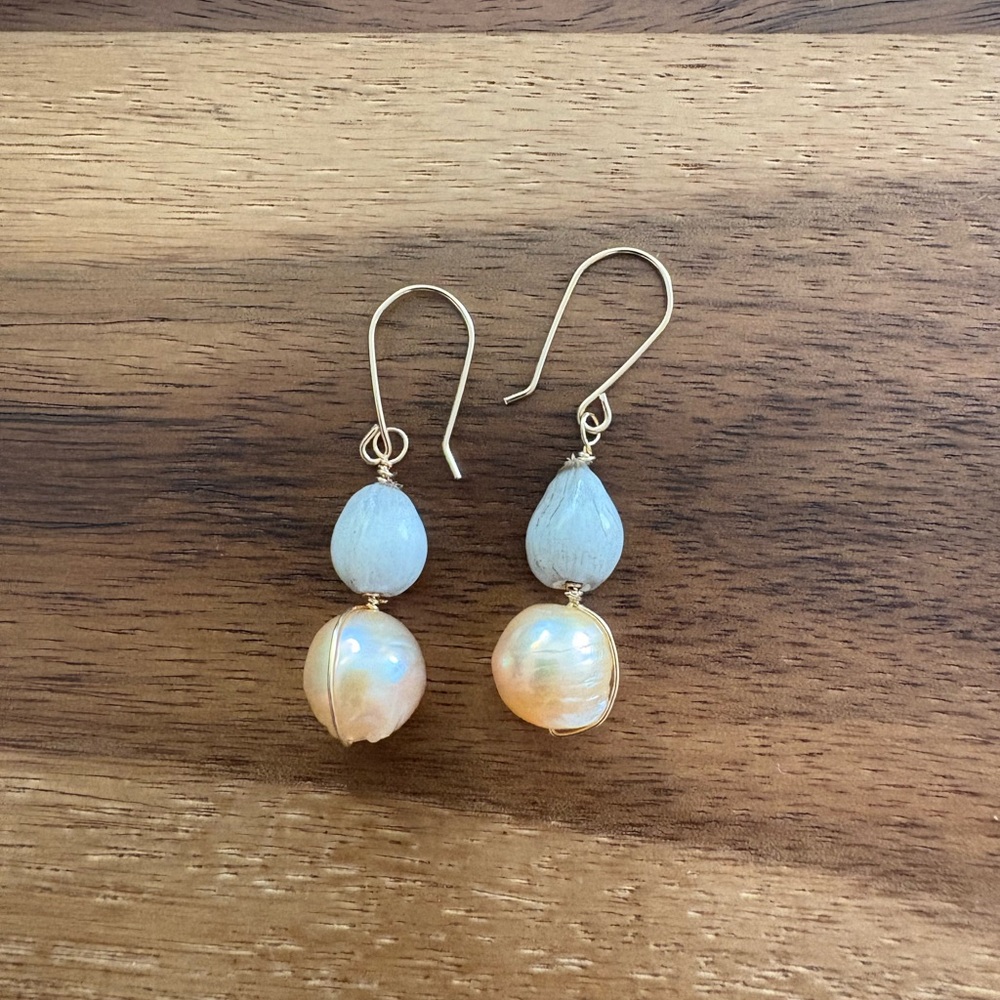 Elegant 14K Gold Filled and Genuine Pearl Drop with Job's tears Earrings